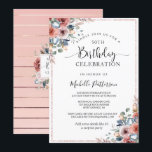 Invitation 50e (ou autre) Anniversaire Pink Gold, floral Blus<br><div class="desc">Exquise 50ème (ou autre numéro) invitation anniversaire avec des détails d'or rose et magnifique aquarelle peinte à la main florale dans des tons bleu poussiéreux, bleu, rougissant, pêche et rose poussiéreux. Dos de carte en or rose moderne rayures motif et détails floraux captivants au centre. Utilisation de la calligraphie et...</div>