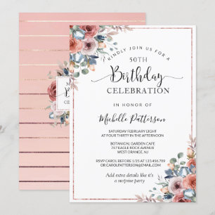 Invitation 50e (ou autre) Anniversaire Pink Gold, floral Blus
