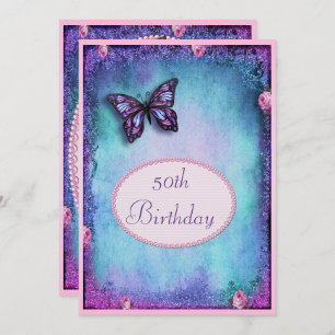Invitation 50e Parties scintillant Faux, papillon, Rose et de