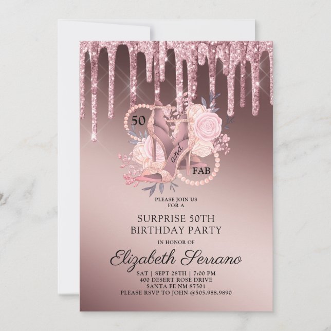 Invitation 50e Rose surprise Anniversaire Parties scintillant (Devant)