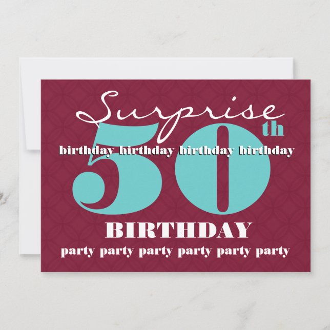Invitation 50e SUPRISE Birthday Party Aqua Red White T302 (Devant)
