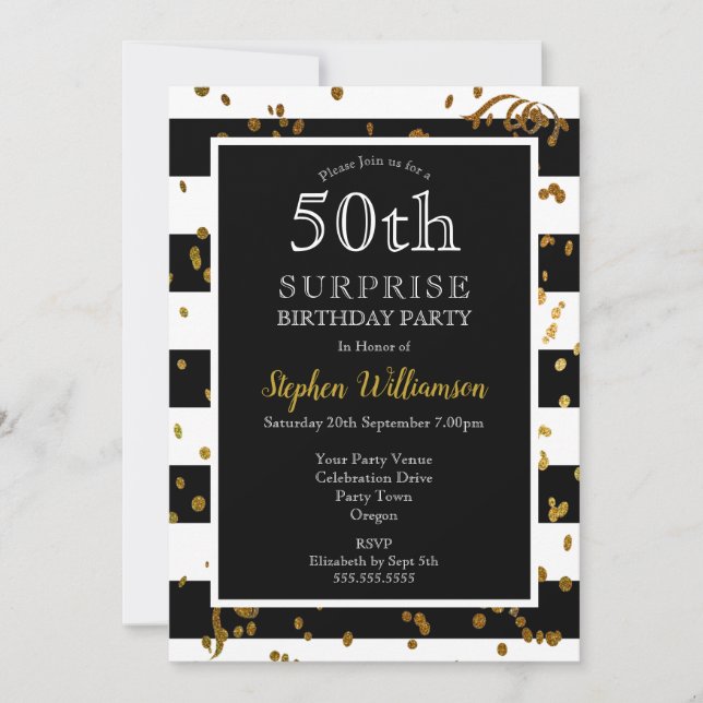 Invitation 50e Surprise Anniversaire Noir et Blanc | Paillett (Devant)