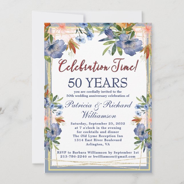 Invitation 50e (Toute Année) Chic Floral Anniversaire de Mari (Devant)