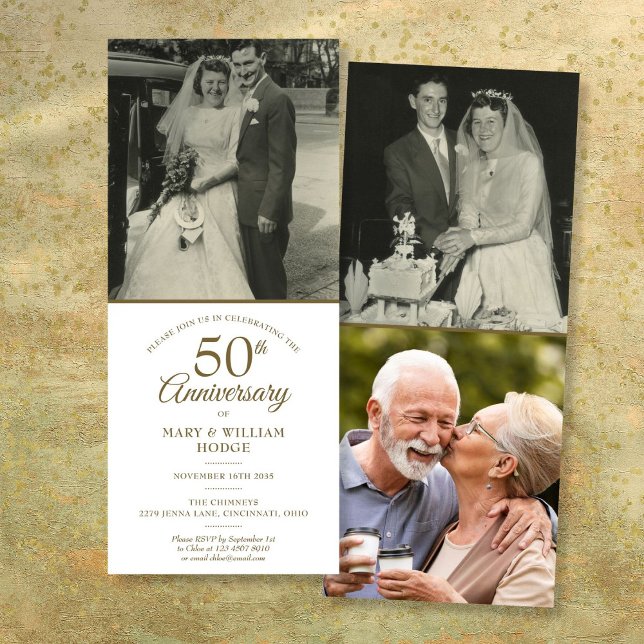 Invitation 50ème anniversaire de la Mariage d'or 3 Photo (50th Golden Wedding Anniversary 3 Photo Invitation)