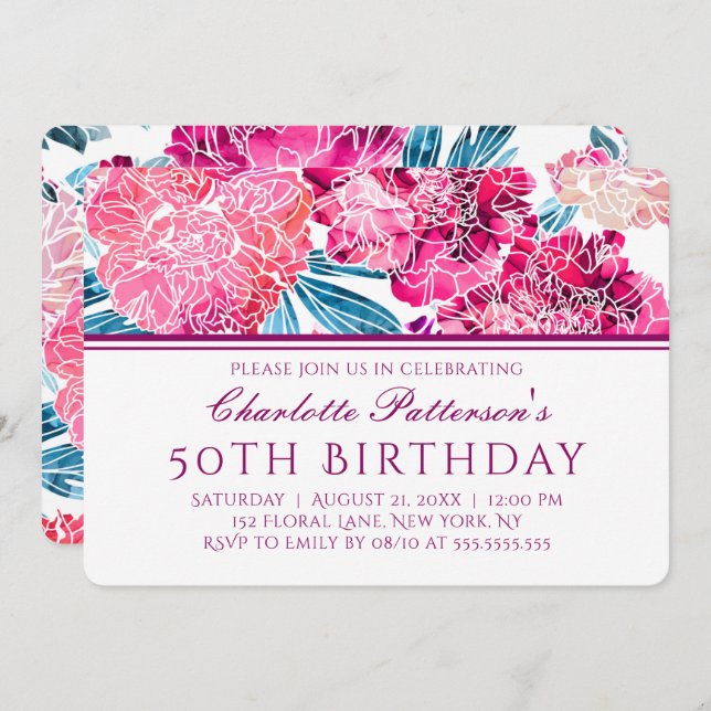 Invitation 50ème anniversaire fête stylish rose floral modèle (Devant / Derrière)