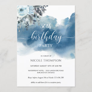 Invitation 50ème anniversaire ou autre Aquarelle bleue avec F
