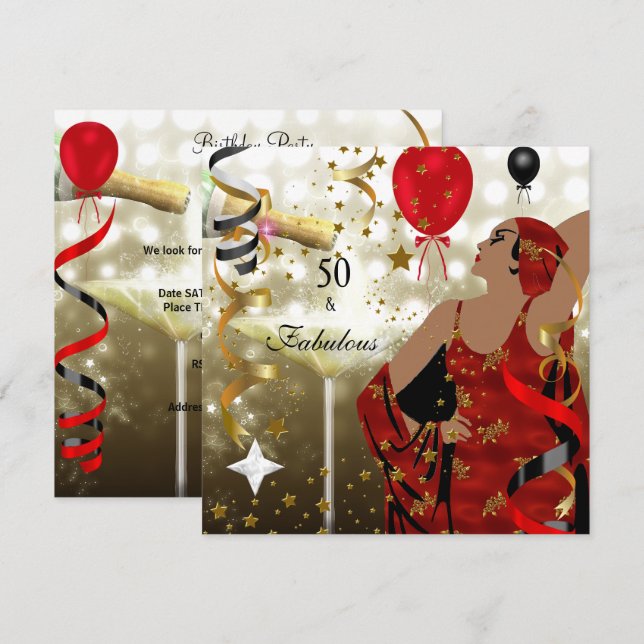 Invitation 50ème Cinquante Anniversaire Fête Glamour Lady Fab (Devant / Derrière)