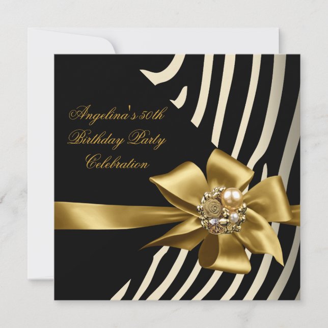 Invitation 50ème Fête d'anniversaire Zebra Gold Cream Black (Devant)