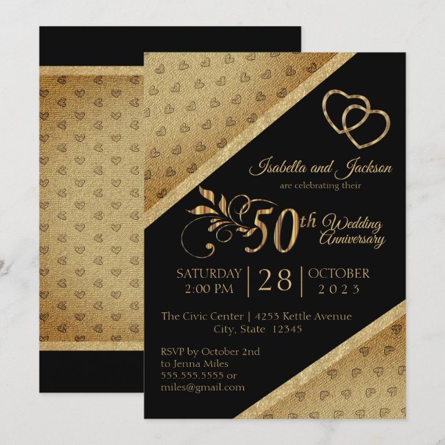 Invitation 50ème modèle anniversaire Vintage Gold Heart (Devant / Derrière)