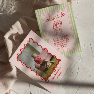 Invitation 50ème Pink Drawn Colorful Stripes Photo Anniversai