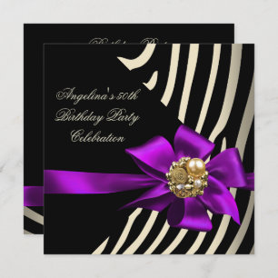 Invitation 50ème Zebra Purple Gold Cream Black Birthday Party