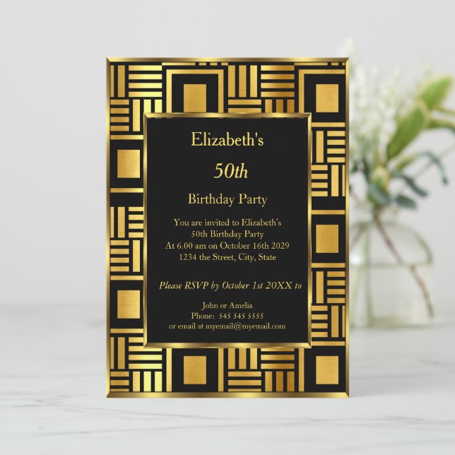 Invitation 50t Art Déco Anniversaire Soirée Gold Black Invita (Debout devant)