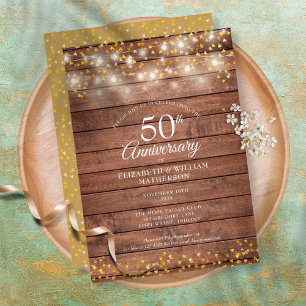Invitation 50th Anniversary Golden Hearts String Lights Wood