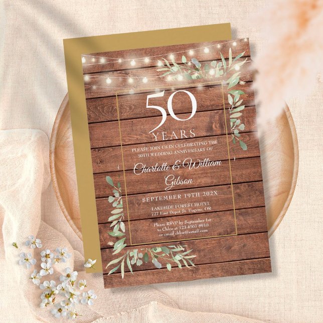 Invitation 50th Anniversary Greenery String Lights Wood  (Créateur téléchargé)