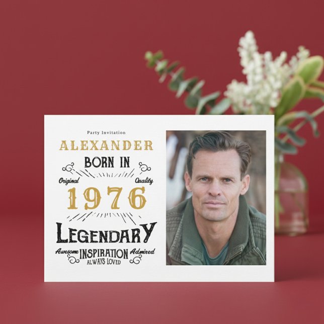 Invitation 50th Birthday 1976 Legend White & Gold Photo (Born 1976 birthday invitation.)