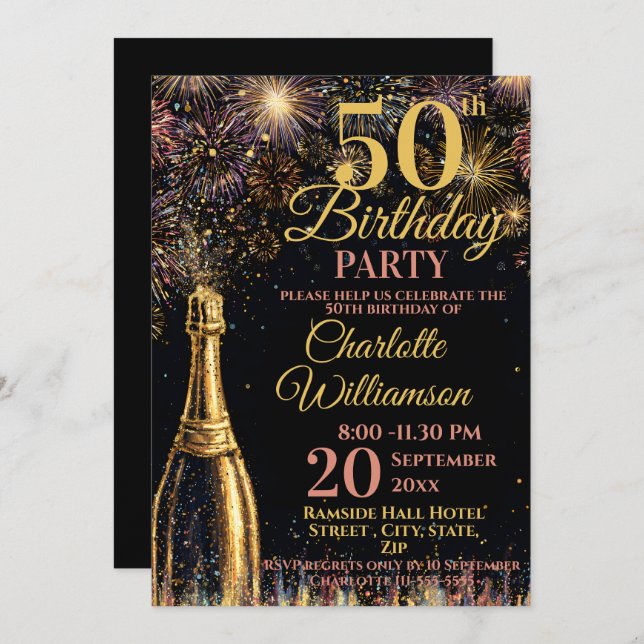 Invitation 50th Birthday Bubbly Fireworks Gold Pink (Devant / Derrière)