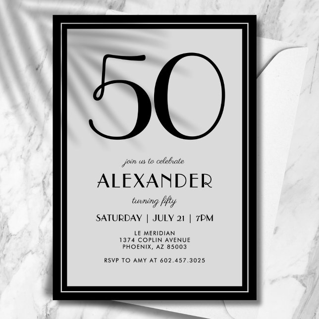 Invitation 50th Birthday Modern Minimalist Mens Black Gray (Créateur téléchargé)