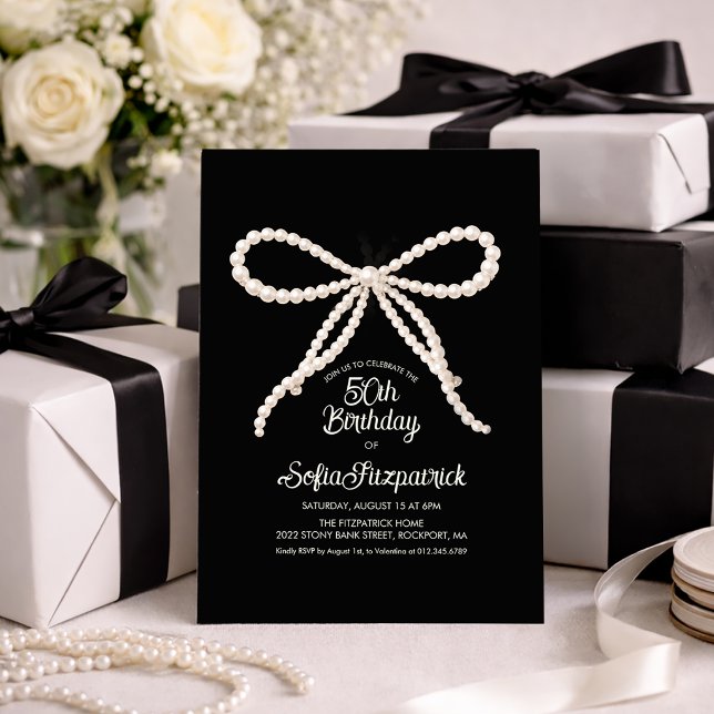 Invitation 50th Birthday Party Black White Pearl Bow (Créateur téléchargé)