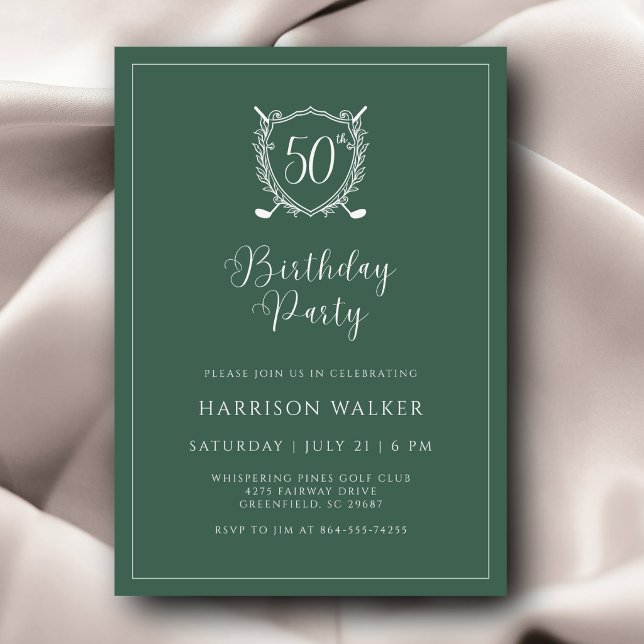 Invitation 50th Birthday Party Golf Crest Elegant Script Sage (Créateur téléchargé)