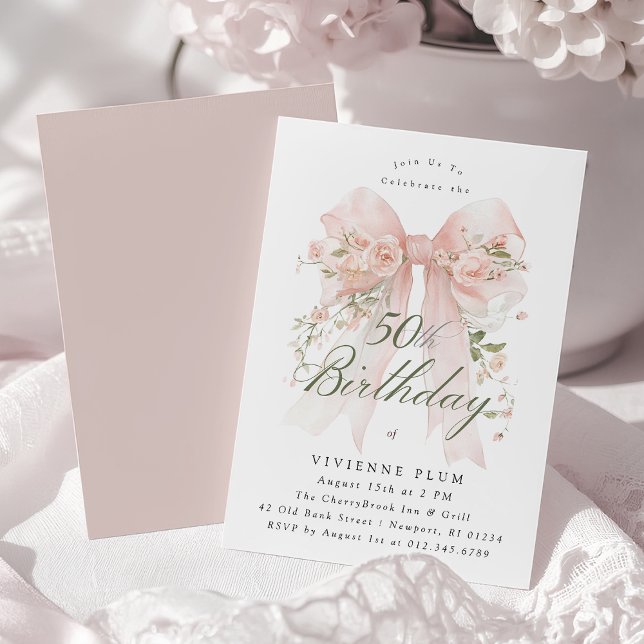Invitation 50th Birthday Party Pink Coquette Bow Rose Floral (Créateur téléchargé)