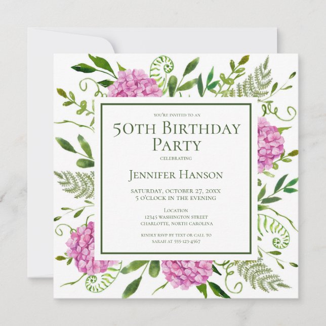 Invitation 50th Birthday Pink Hydrangeas Card Request  (Devant)