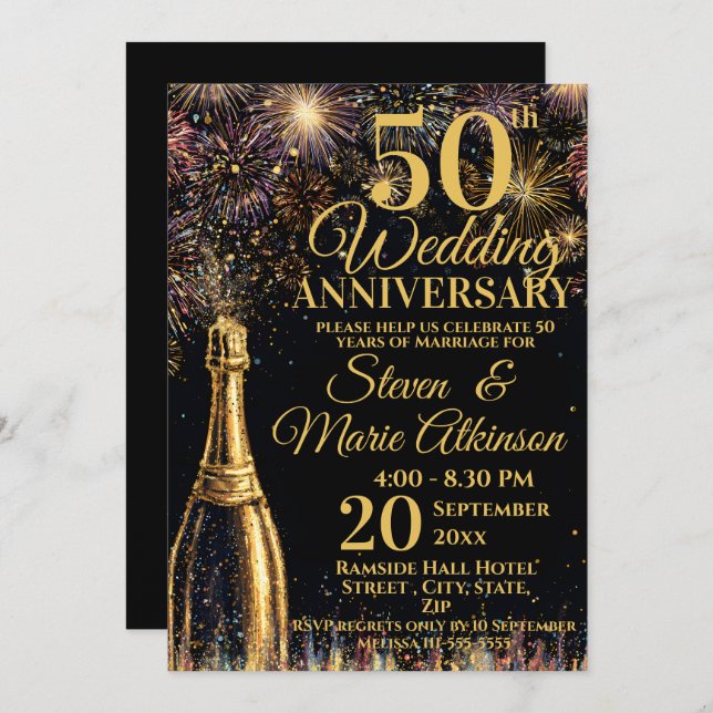 Invitation 50th Wedding Anniversary Bubbly Celebration Gold (Devant / Derrière)