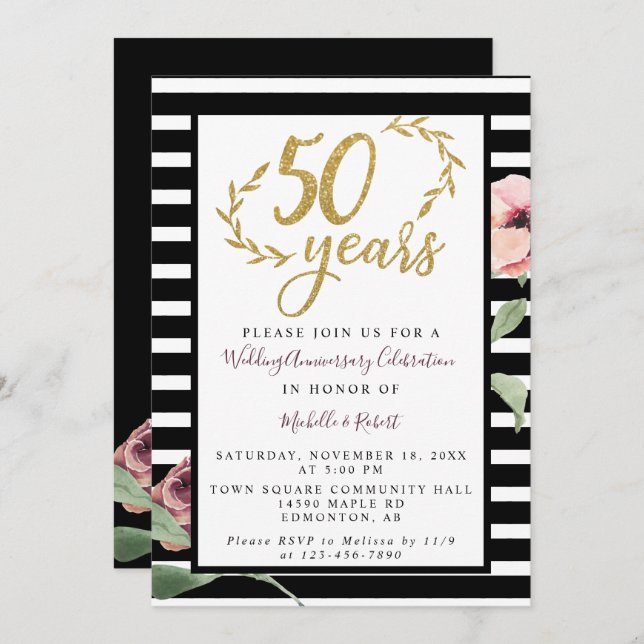 Invitation 50th Wedding Anniversary Red Rose Gold Glitter (Devant / Derrière)