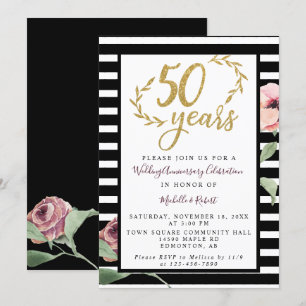 Invitation 50th Wedding Anniversary Red Rose Gold Glitter