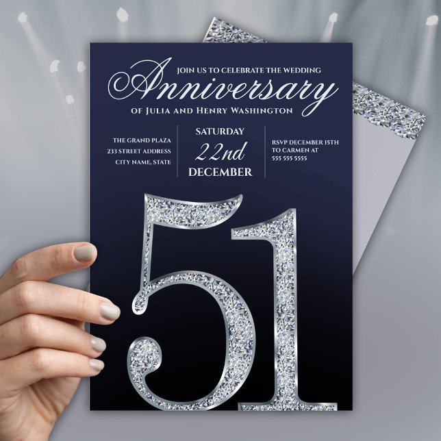 Invitation 51e Anniversaire Diamant Argent Bleu Marine Modern (Créateur téléchargé)