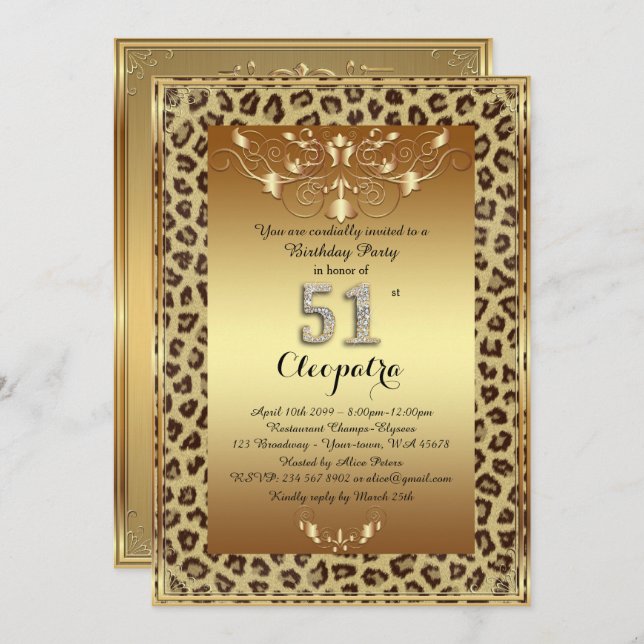 Invitation 51e, fête d'anniversaire 51e, or Royal Cheetah plu (Devant / Derrière)