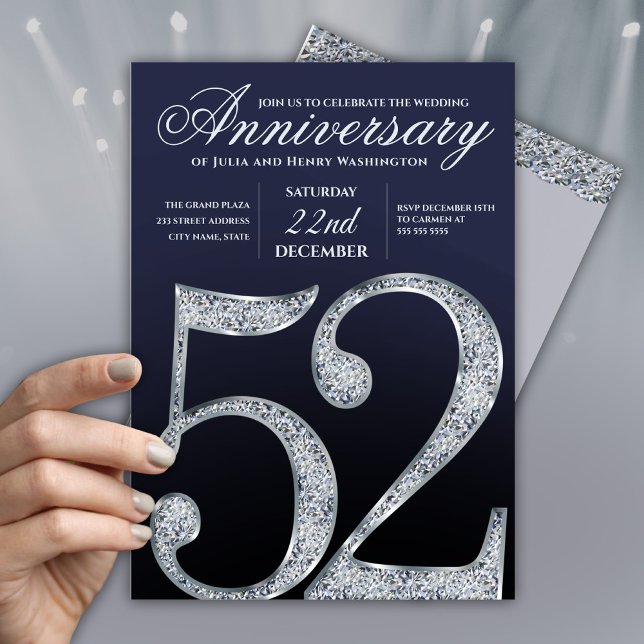 Invitation 52e Anniversaire Diamant Argent Bleu Marine Modern (Créateur téléchargé)