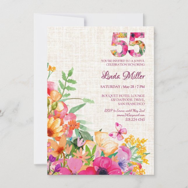 Invitation 55 Ans Fleurs Floral Lin 55e Anniversaire (Devant)