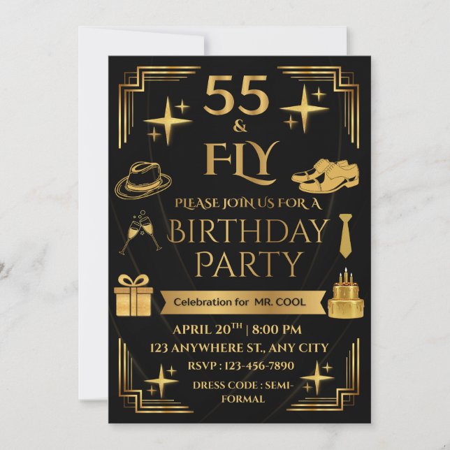 INVITATION 55 & FLY 5X7 CORNERED STYLE MEN'S BIRTHDAY PARTY (Devant)