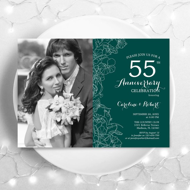 Invitation 55e anniversaire avec photo Émeraude verte florale (Créateur téléchargé)