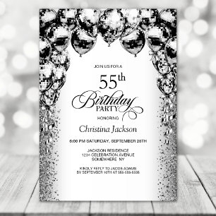 Invitation 55e anniversaire Black and White Balloons Party