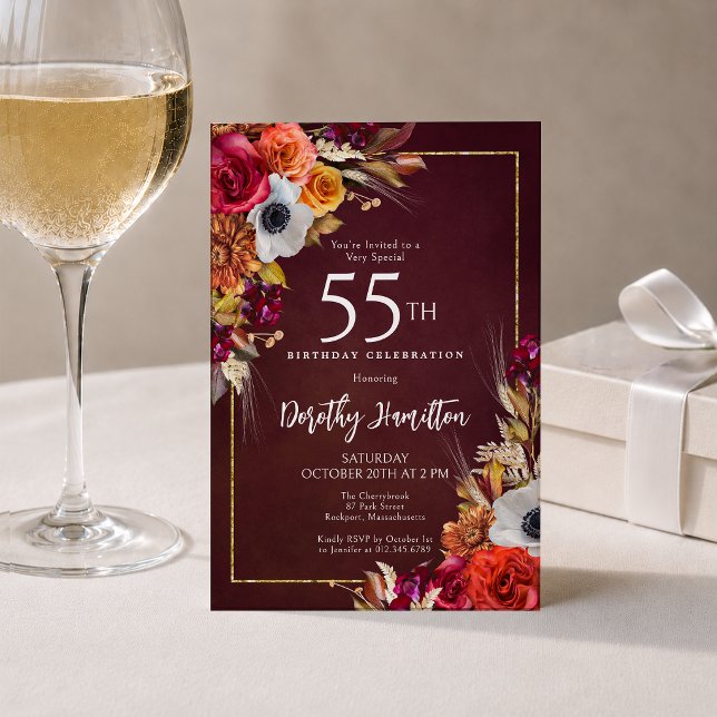 Invitation 55e Anniversaire Bourgogne Fleurs d'automne Écritu (Créateur téléchargé)