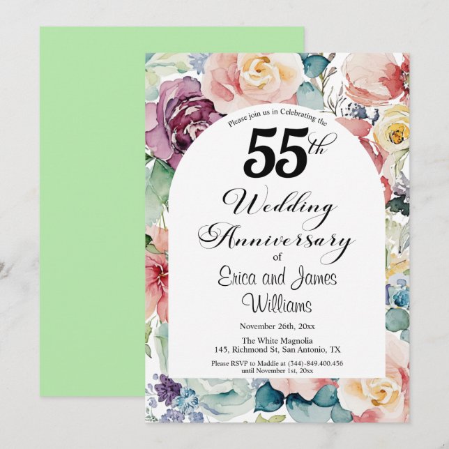 Invitation 55e anniversaire de Mariage Élégant script floral (Devant / Derrière)