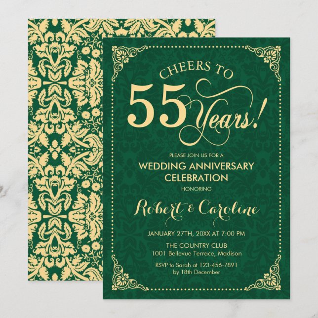 Invitation 55e anniversaire de mariage Émeraude Vert Or Damas (Devant / Derrière)