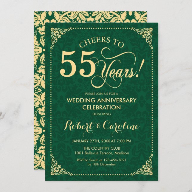 Invitation 55e anniversaire de mariage Émeraude verte Or Dama (Devant / Derrière)