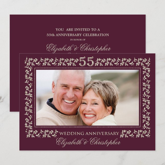 Invitation 55e Anniversaire de Mariage Photo Bronze Prune (Devant / Derrière)