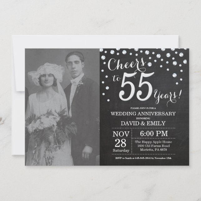 Invitation 55e Anniversaire de Mariage Tableau Noir Argent (Devant)