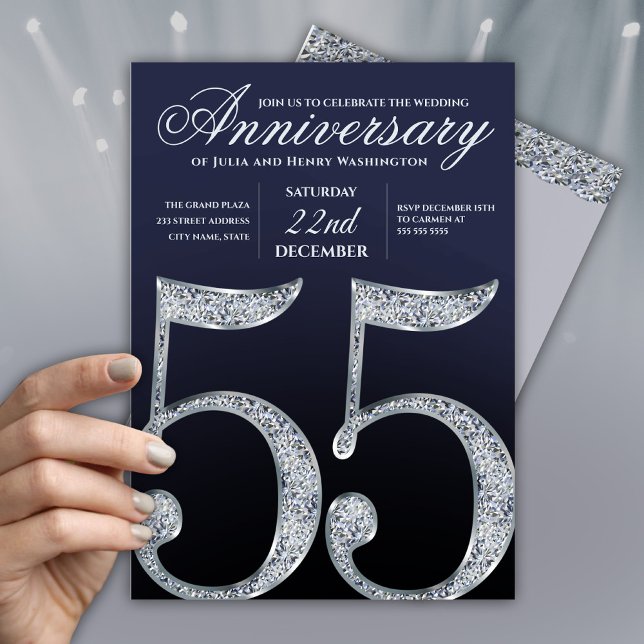 Invitation 55e Anniversaire Diamant Argent Bleu Marine Modern (Créateur téléchargé)