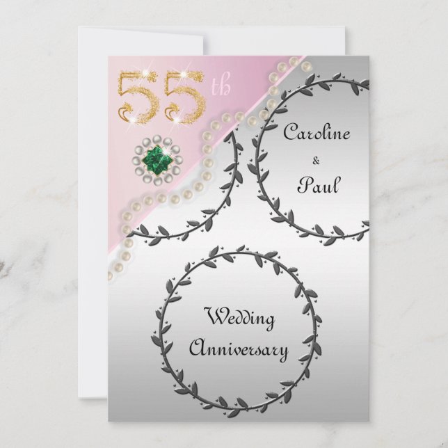 Invitation 55e anniversaire du Mariage Embossed Silver Rose G (Devant)