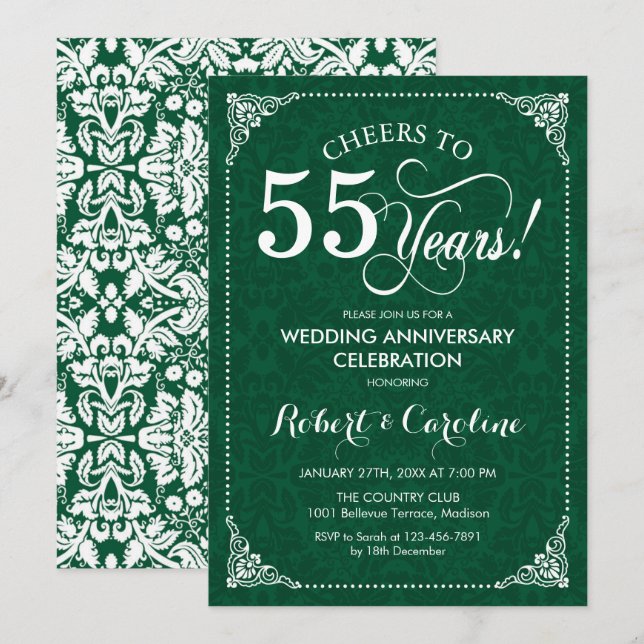 Invitation 55e anniversaire du Mariage Emerald Green Damask (Devant / Derrière)
