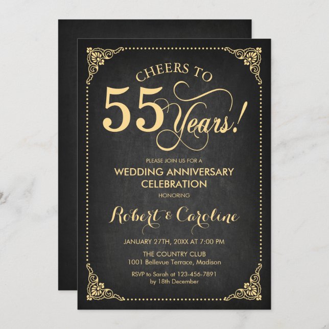 Invitation 55e anniversaire du Mariage - Gold Chalkboard (Devant / Derrière)