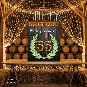 Invitation 55e anniversaire Émeraude, bois rustique et or