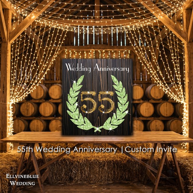 Invitation 55e anniversaire | Émeraude, bois rustique et or (55th Wedding Anniversary Invite | Rustic Wood & Emerald Laurel. Size: 5.25” x 5.25”)