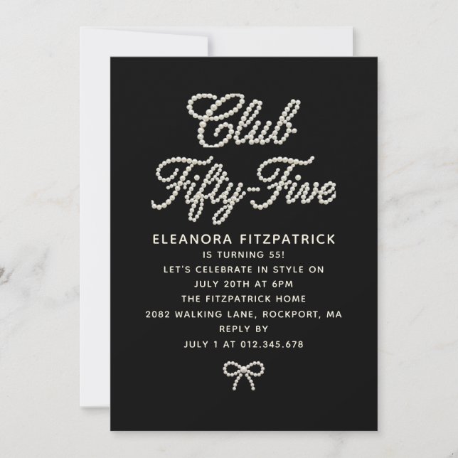 Invitation 55e Anniversaire Noir Blanc Perle Écrit (Devant)