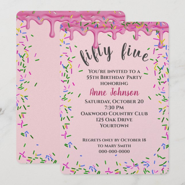 Invitation 55e Anniversaire Pink Icing Et Sprinkles (Devant / Derrière)
