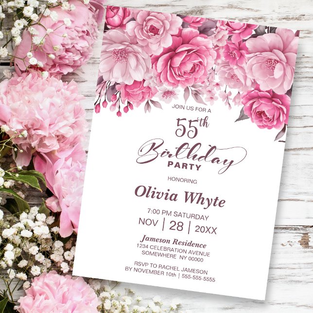 Invitation 55e anniversaire Rose Rose Floral Party (Créateur téléchargé)